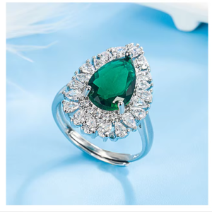 Elegant Sterling Water Drop Emerald Prong Setting Adjustable Ring