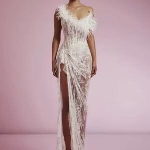 Elegant Strapless Lace Ruched A-line See Through Tulle High Split Long Dress