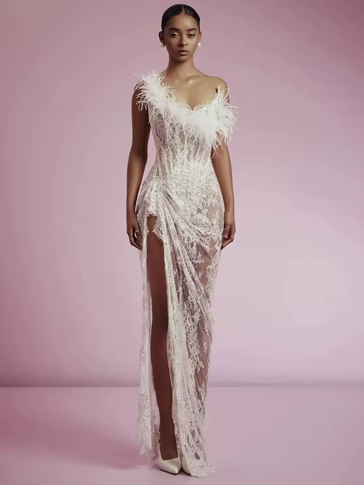 Elegant Strapless Lace Ruched A-line See Through Tulle High Split Long Dress