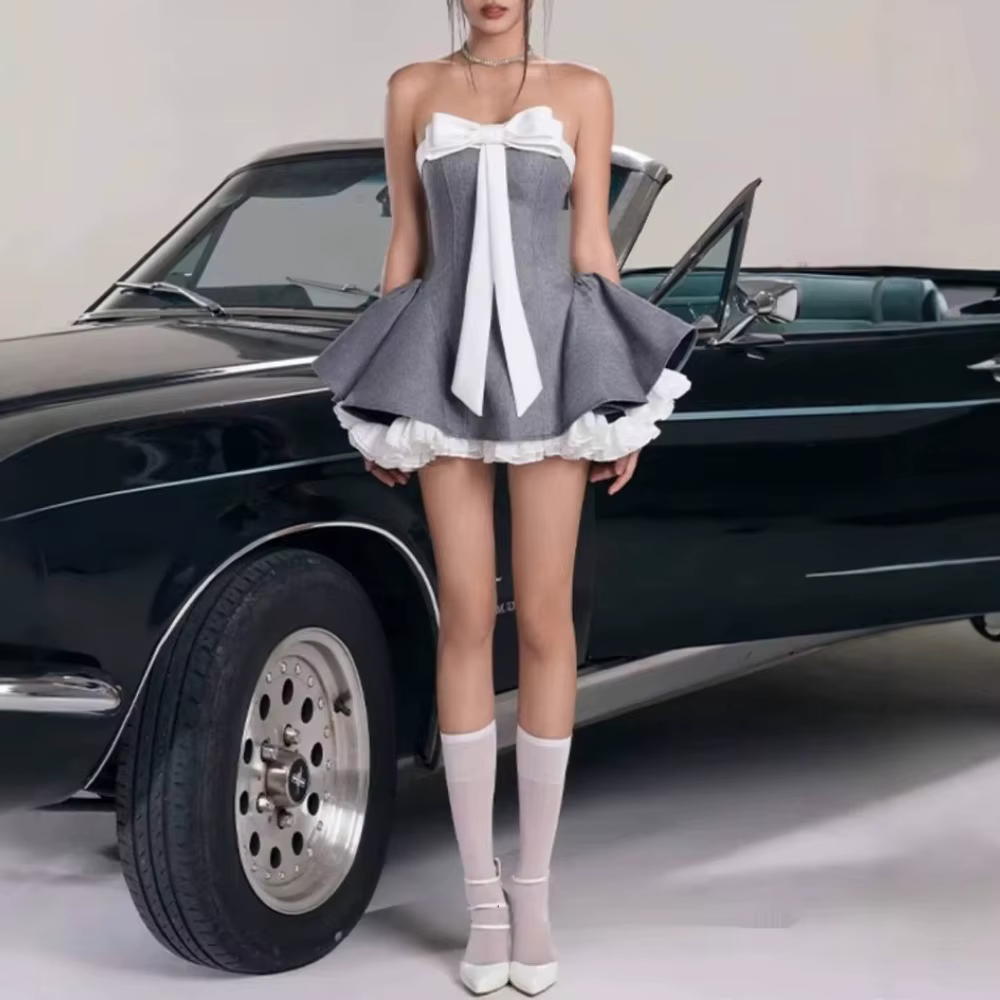 Elegant Strapless Sleeveless Patchwork Ruffles Fold Bow Mini Dresses