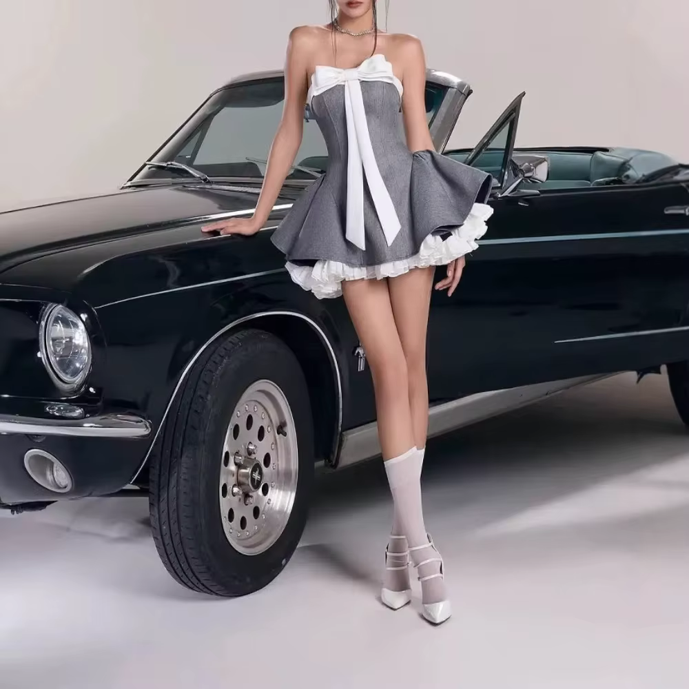 Elegant Strapless Sleeveless Patchwork Ruffles Fold Bow Mini Dresses - Image 2