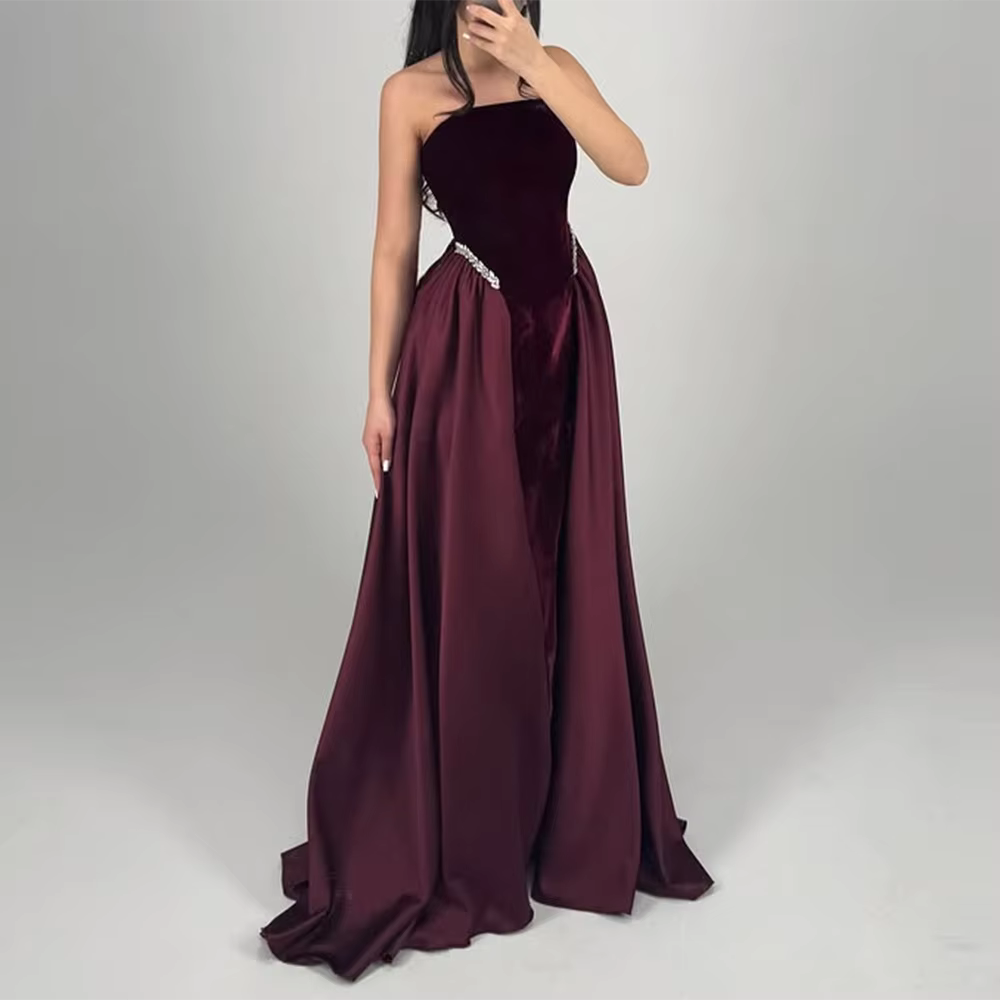 Elegant Strapless Sleeveless Patchwork Solid Temperament Maxi Dress