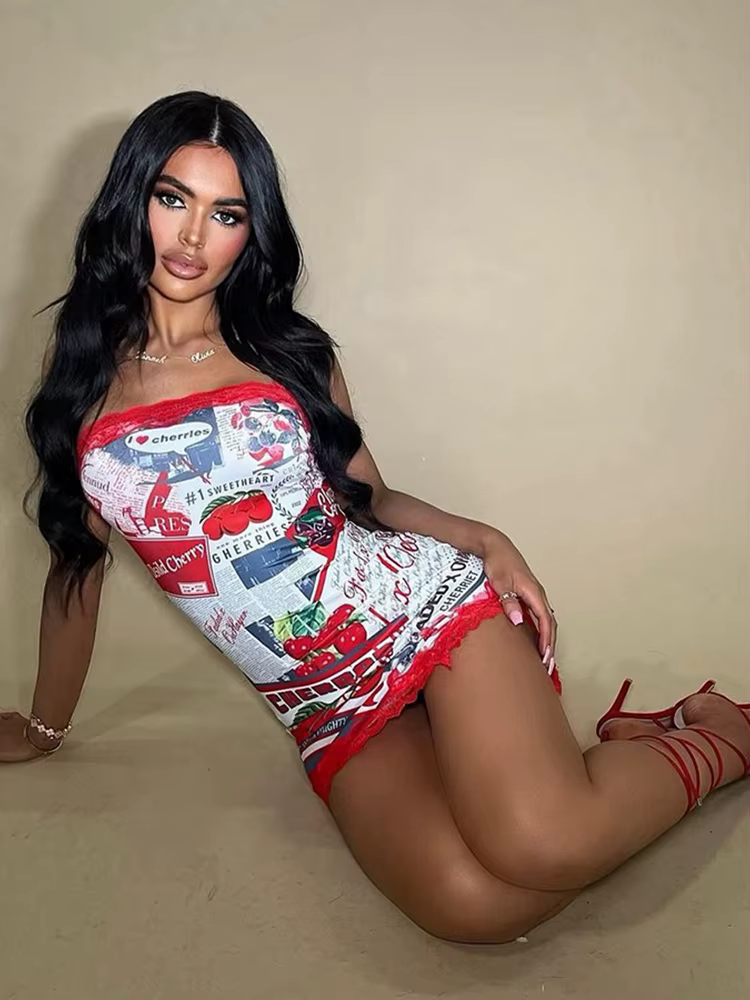 Elegant Strapless Split Lace Patchwork Skinny Vestidos Printed Chest Mini Dresses - Image 5