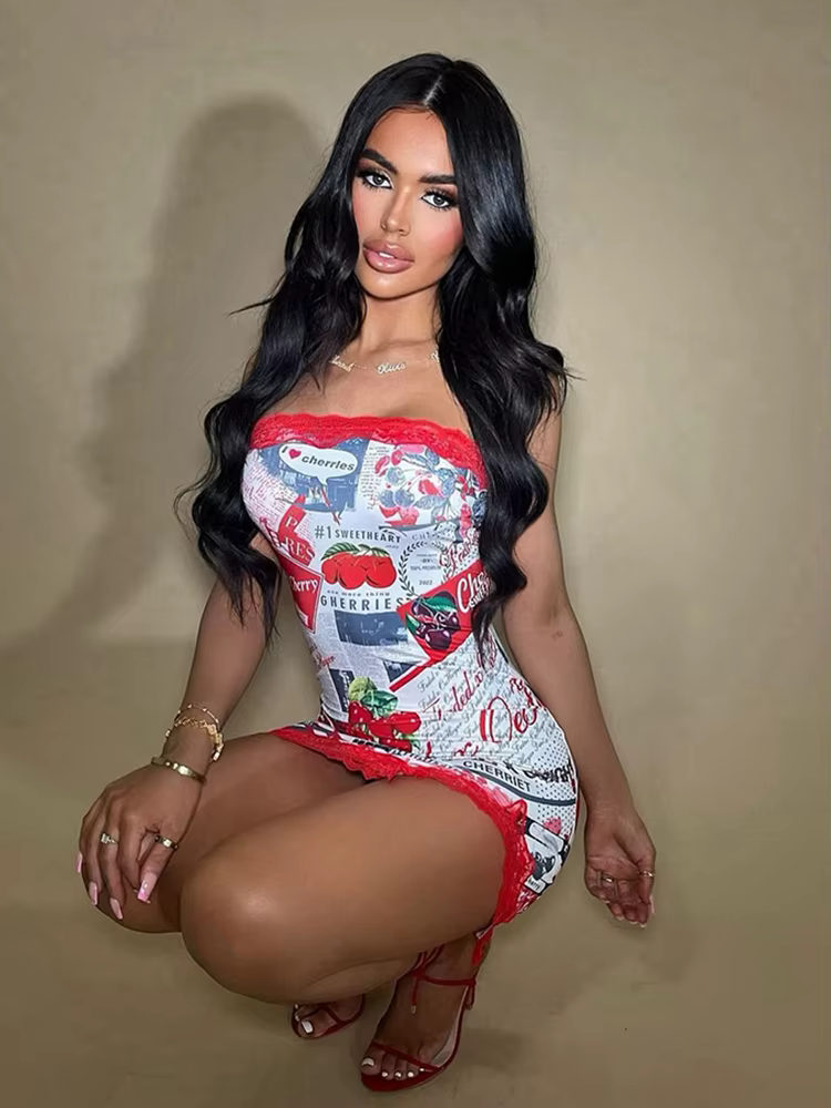 Elegant Strapless Split Lace Patchwork Skinny Vestidos Printed Chest Mini Dresses - Image 4