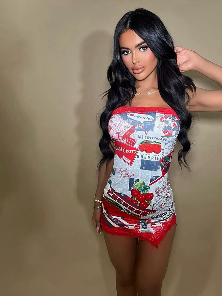 Elegant Strapless Split Lace Patchwork Skinny Vestidos Printed Chest Mini Dresses - Image 3