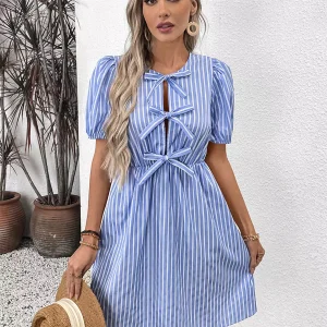 Elegant Striped Tie Front Puff Sleeves Short Sleeve Mini Dress