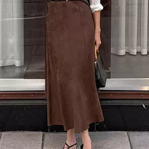 Elegant Suede Solid Color Daily Casual A-Line Maxi Skirt