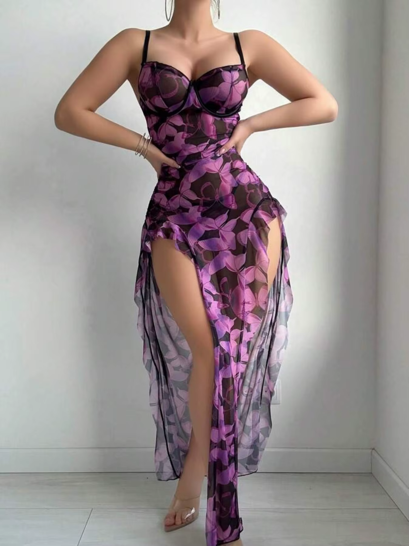 Elegant Sweetheart Butterfly Hollow Out Long High Split Maxi Dress - Image 6