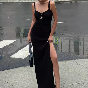 Elegant Tie Front High-slit Sleeveless Spaghetti Straps Dress