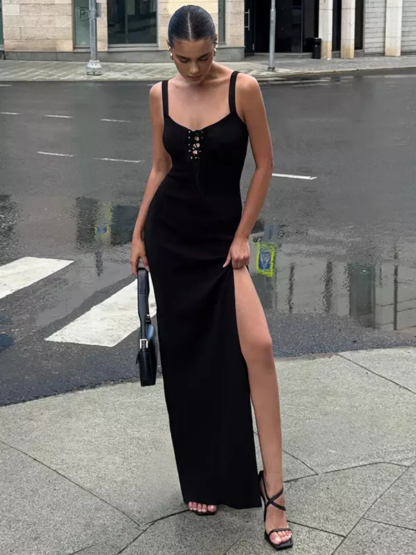 Elegant Tie Front High-slit Sleeveless Spaghetti Straps Dress