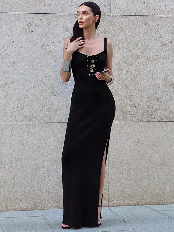 Elegant Tie Front High-slit Sleeveless Spaghetti Straps Dress - Image 3