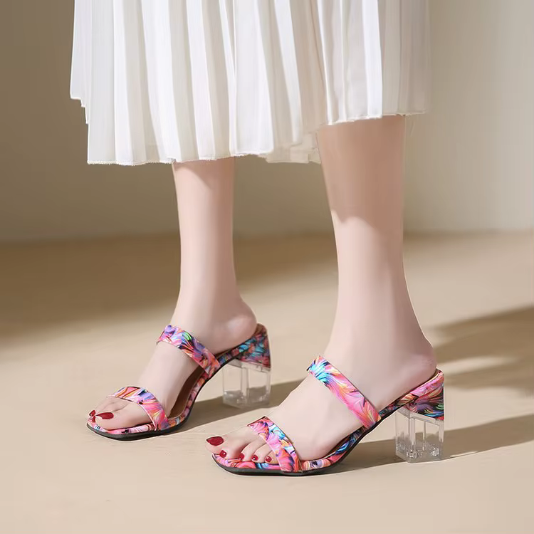 Elegant Transparent Crystal Pull On Print Large Square High Heels