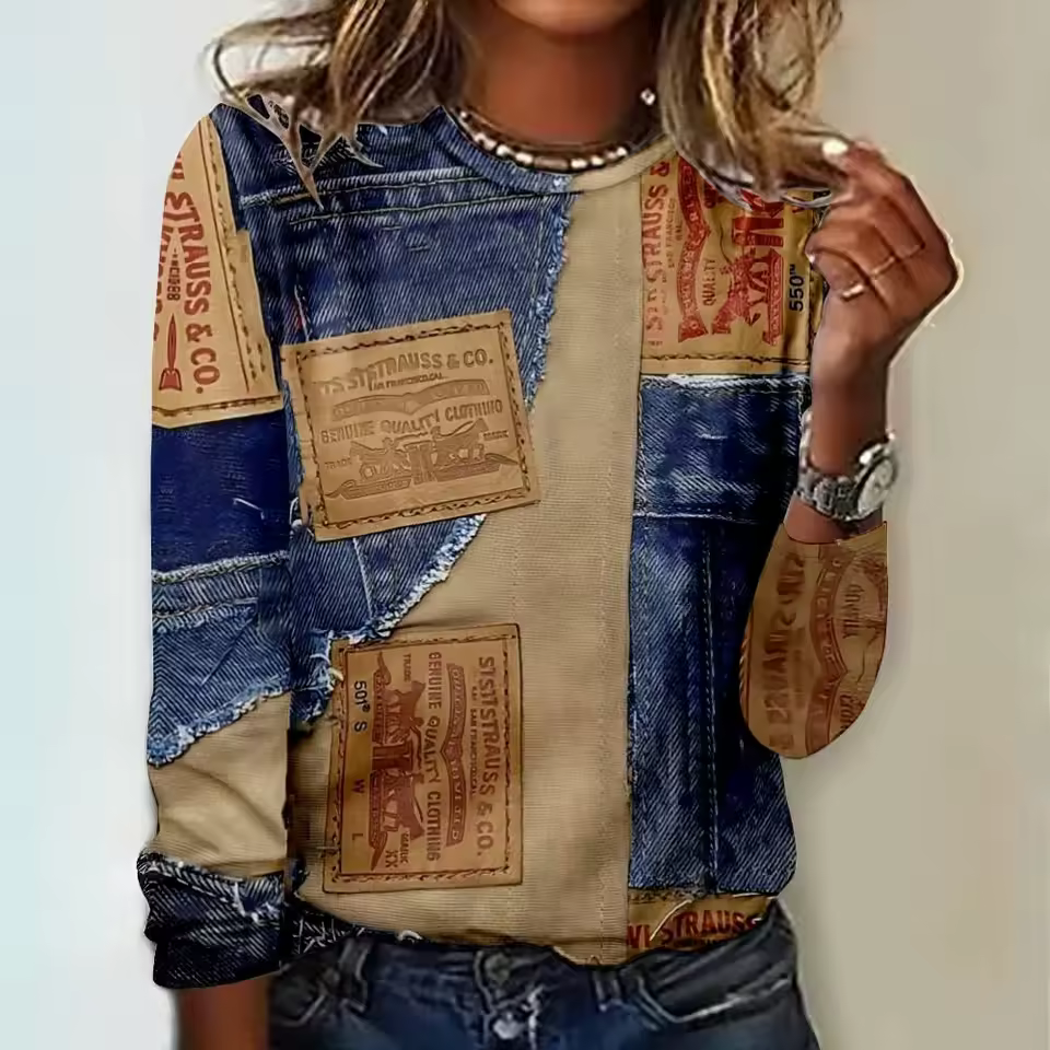 Elegant Trend Cotton Cowboys Pullover Splicing Print Long Sleeves T-shirts