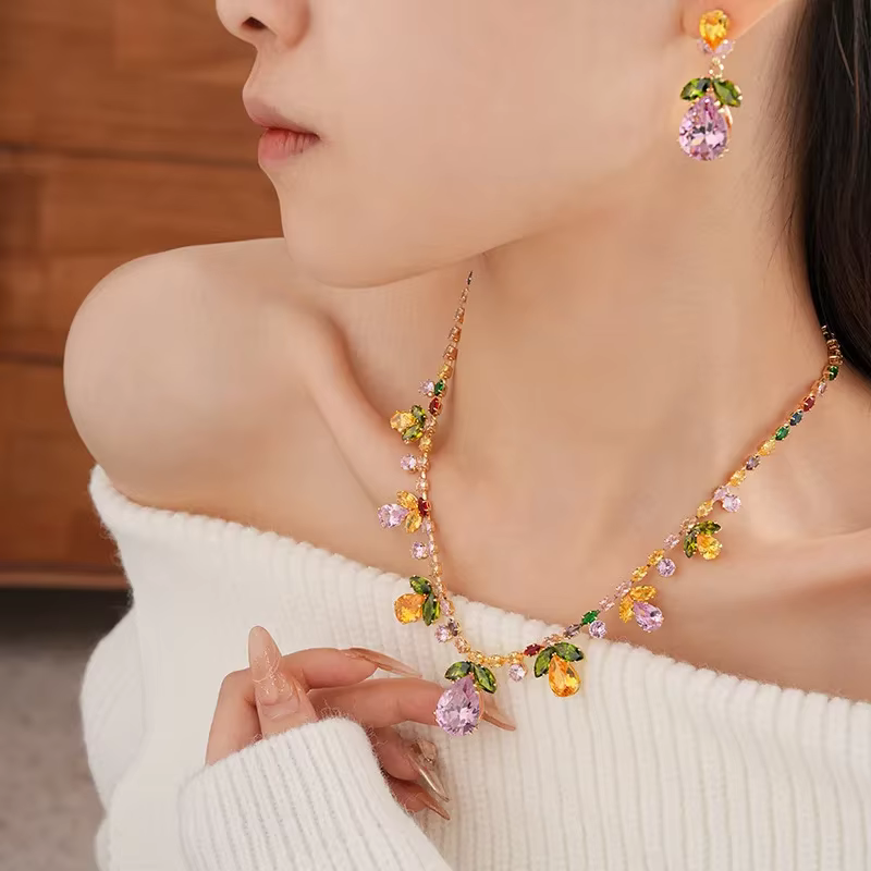 Elegant Trendy Zircon Water Drop Leaf Necklace Earrings Set