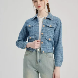 Elegant Turndown Collar Polyester Front Button Crop Jacket