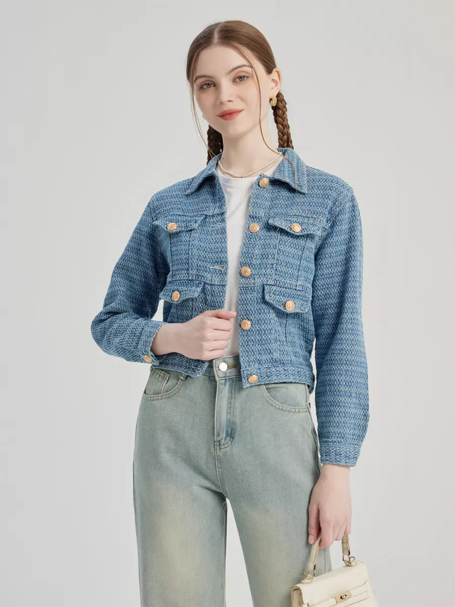 Elegant Turndown Collar Polyester Front Button Crop Jacket