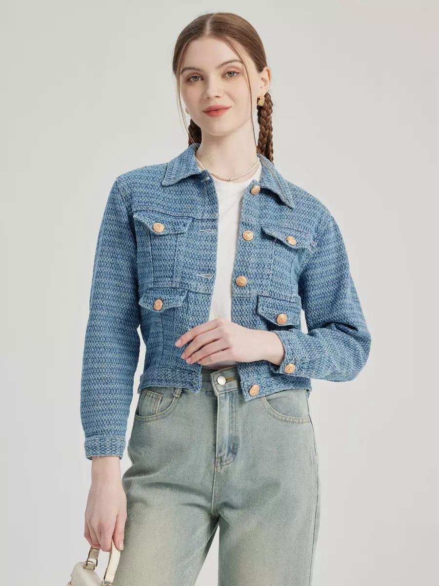 Elegant Turndown Collar Polyester Front Button Crop Jacket - Image 2