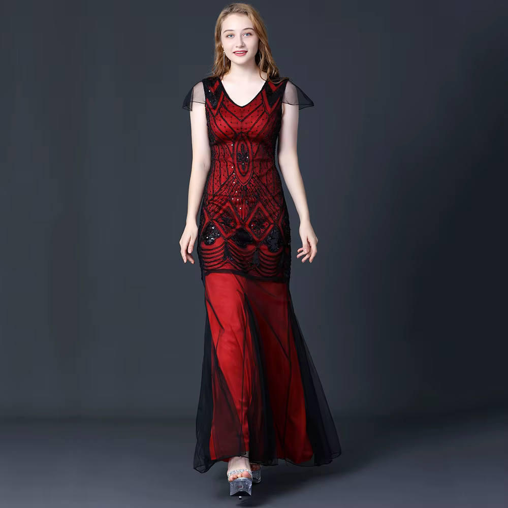 Elegant V-Neck Backless Natural Fiber sequin Long maxi Desses