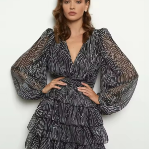 Elegant V-Neck High Waist Pleated Loose Print  Long Sleeve Mini Dresses