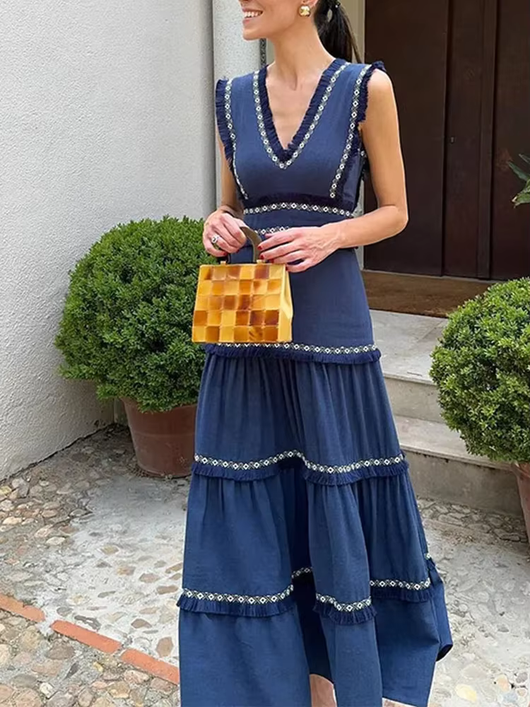 Elegant V Neck Sleeveless High Waist Patchwork Tassel Maxi Dress