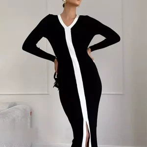 Elegant V-neck Color Block Knitted Long Sleeve Midi Slit Dress