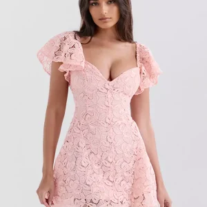 Elegant V-neck Flutter Backless Sleeve Lace A-Line Mini Dress