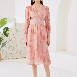 Elegant V-neck Lantern Sleeves A-line Floral Dress Midi Dress