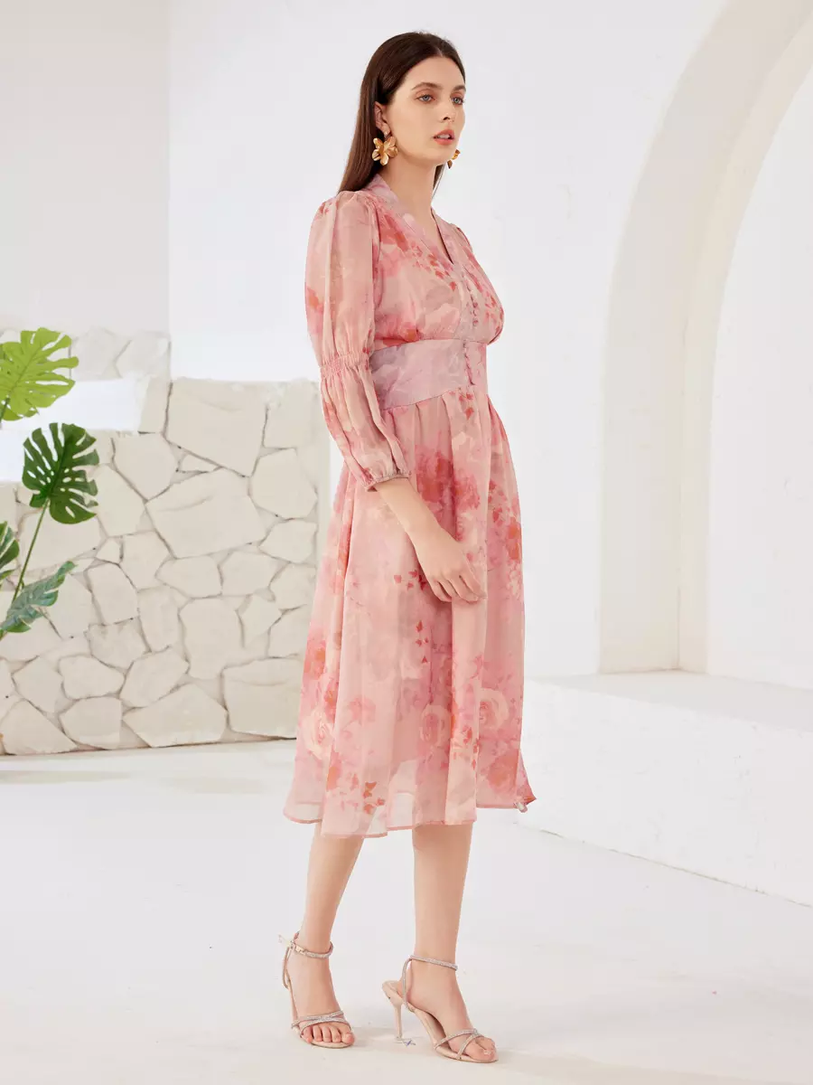Elegant V-neck Lantern Sleeves A-line Floral Dress Midi Dress - Image 2