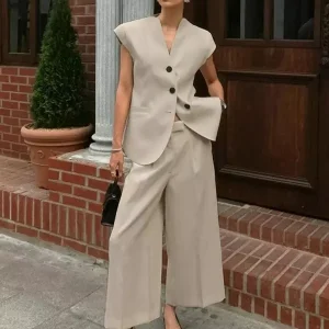 Elegant V-neck Polyester Vest And Wide Sleeveless Two-Piece Suit