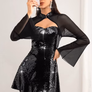 Elegant synthetic fiber O-Neck through mesh sequin mini dresses