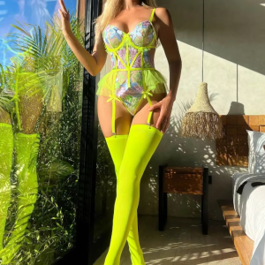 Embroidered Backless Transparent One Piece Stockings Bra Set