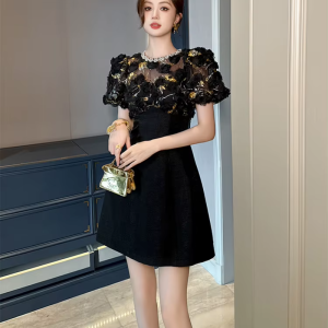 Fashion Elegant Luxury Floral Sexy Sheer O-Neck A-Line Short Gown Evening Dress