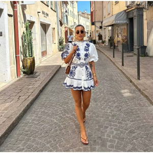 Fashion Floral Print Ruffles Mock Neck Puff Half Sleeve Single Breasted  Mini Dress