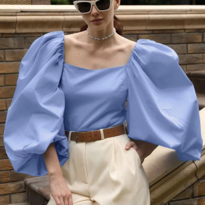 Fashion Loose Elegant Square Collar Puff Sleeve Shirts Casual Classic Shirt Solid Top