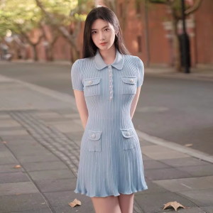 Fashion Polo Neck Short Sleeve Elastic Slim Fit Multi Pocket Wrapped Hip Skirt Knitted Dress