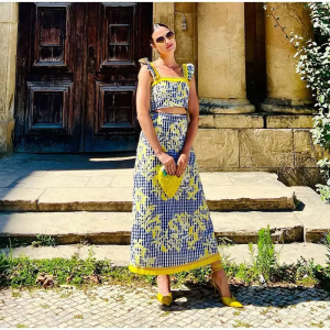 Fashion Print High Waist Pleated Slim Maxi Dresses Fly Sleeve Tops Skirt Sets