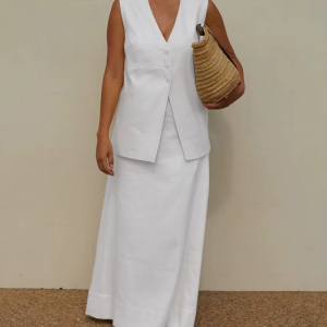 Fashion Sleeveless Tank Top With High Waist Long Skirt Loose Cotton 2 Piece Sets