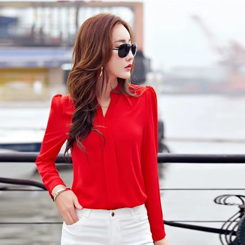 Fashion Slim Blouse Long Sleeve V Neck Elegant Ladies Office Shirts