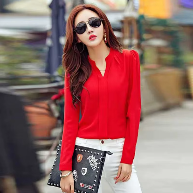 Fashion Slim Blouse Long Sleeve V Neck Elegant Ladies Office Shirts - Image 2