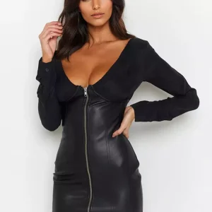 Elegant Faux Leather Long Sleeve Zip-up Bodycon Dress