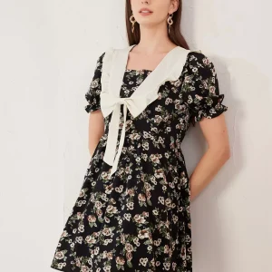 Casual Floral Cottage Sailor Collar Puff Sleeves A-Line Mini Dress
