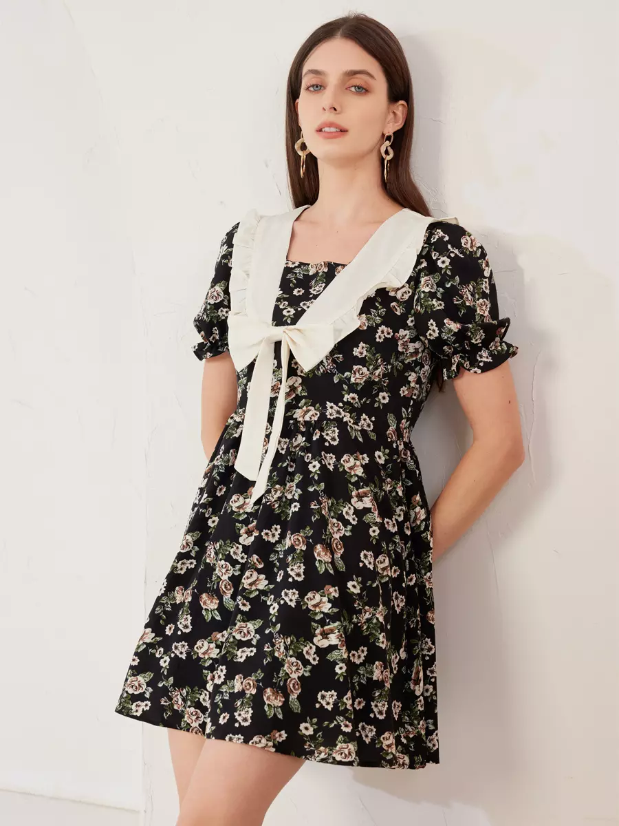 Casual Floral Cottage Sailor Collar Puff Sleeves A-Line Mini Dress