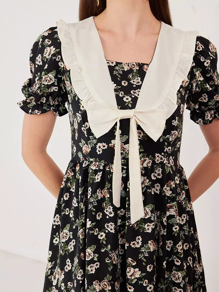 Casual Floral Cottage Sailor Collar Puff Sleeves A-Line Mini Dress - Image 4