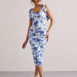 Floral Print Backless Spaghetti Strap Square Collar Ruched Bodycon Club Party Dress