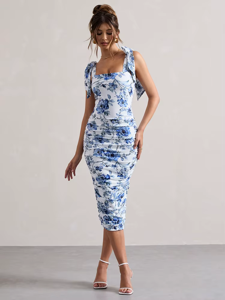 Floral Print Backless Spaghetti Strap Square Collar Ruched Bodycon Club Party Dress