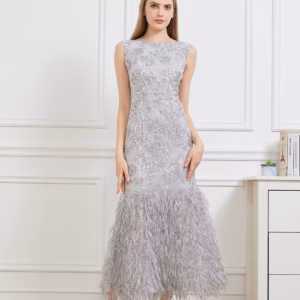 Floral Print Sleeveless Feathers Robe Vestido Fishtail Long Bodycon Dress