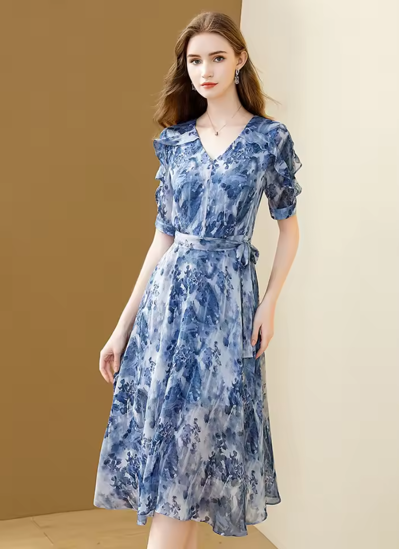 Floral Printing Chiffon V-Neck Elegant Fashion Office A-line Party Slim Midi Dresses - Image 4
