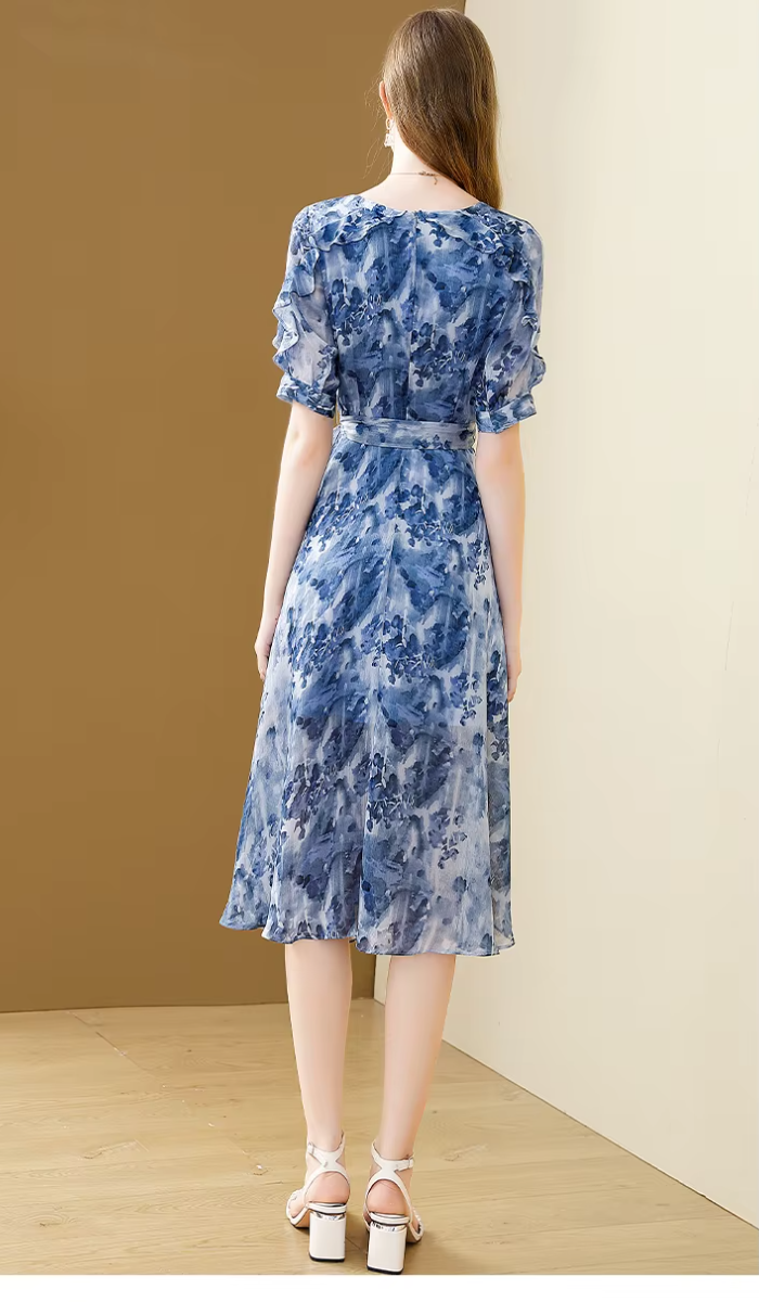 Floral Printing Chiffon V-Neck Elegant Fashion Office A-line Party Slim Midi Dresses - Image 3