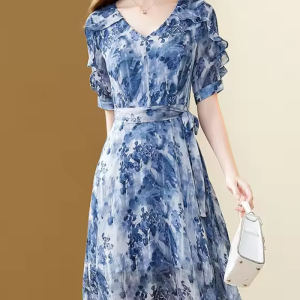 Floral Printing Chiffon V-Neck Elegant Fashion Office A-line Party Slim Midi Dresses