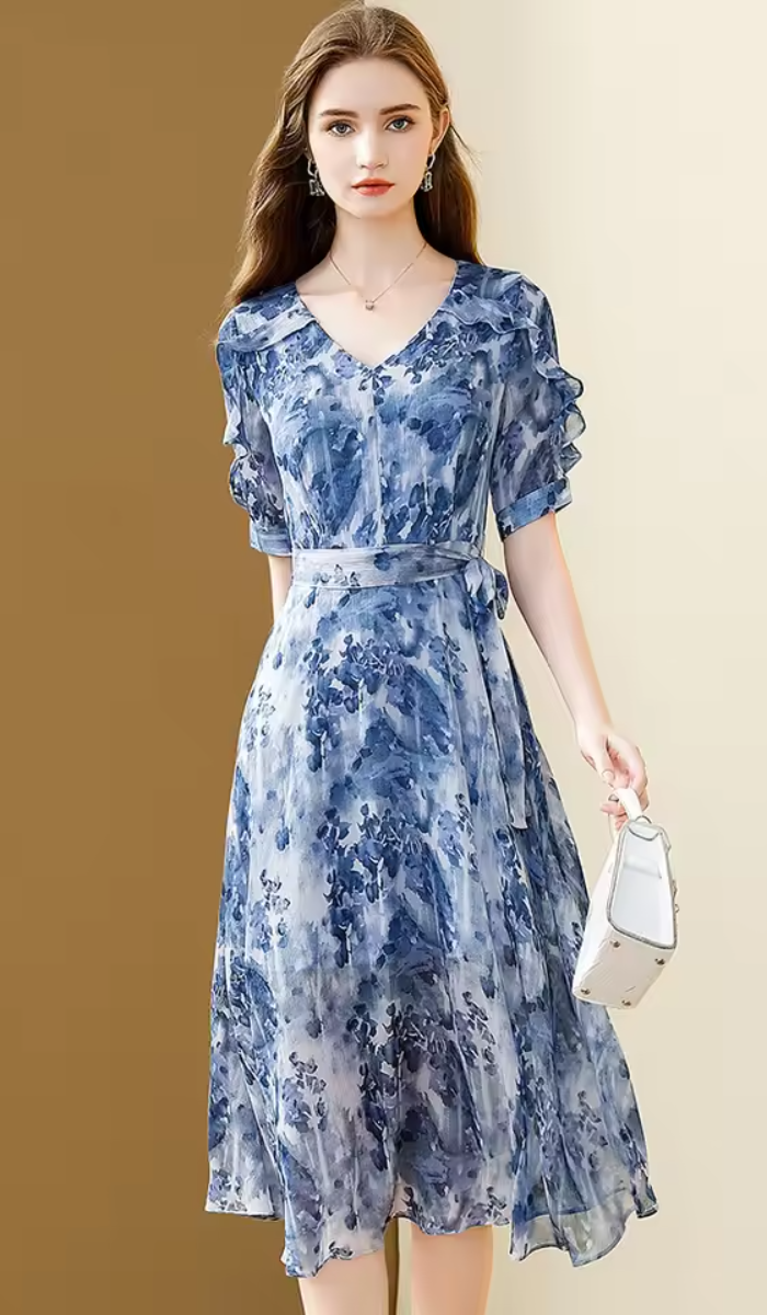 Floral Printing Chiffon V-Neck Elegant Fashion Office A-line Party Slim Midi Dresses